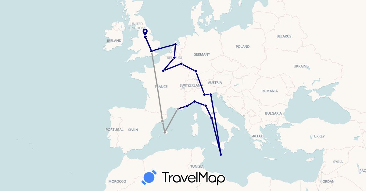 TravelMap itinerary: driving, plane in Belgium, Germany, Spain, France, United Kingdom, Italy, Luxembourg, Malta, Netherlands (Europe)